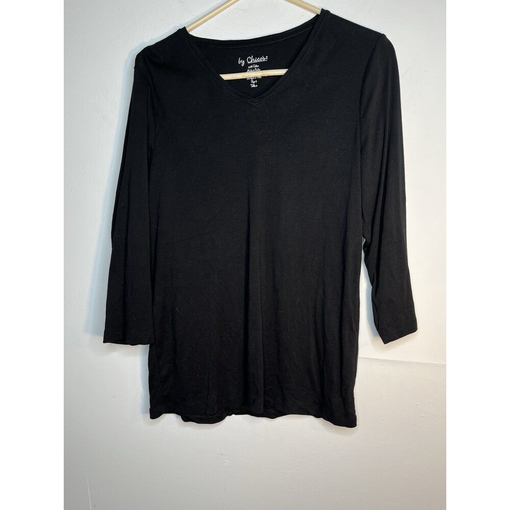 Chicos Black V Neck 3/4 Slv Midnight Black sz 2 L long sleeve (15)